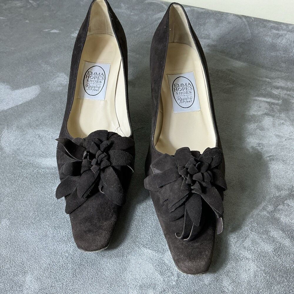 Emma Hopes Shoes Pumps Flower Brown Suede Heels Dress Shoes 40.5 10.5 M Women